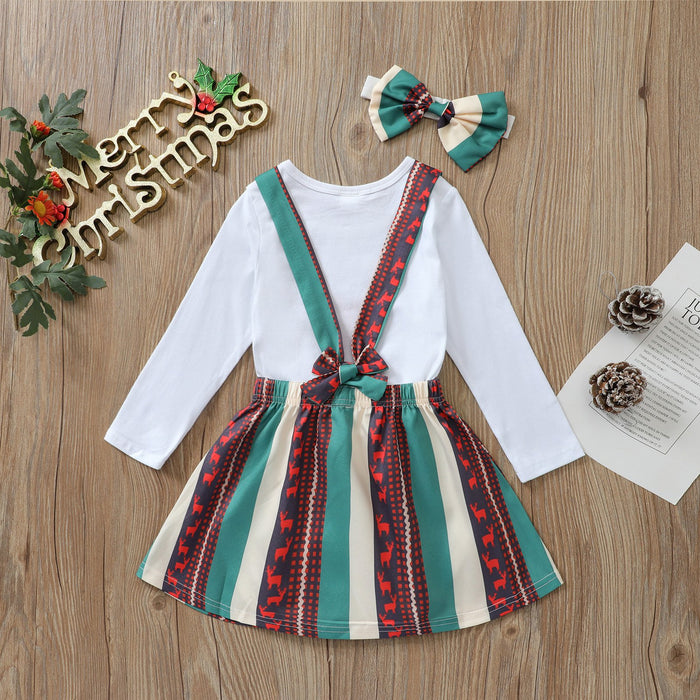 White letter deer long sleeved Khaki creeper striped suspender skirt