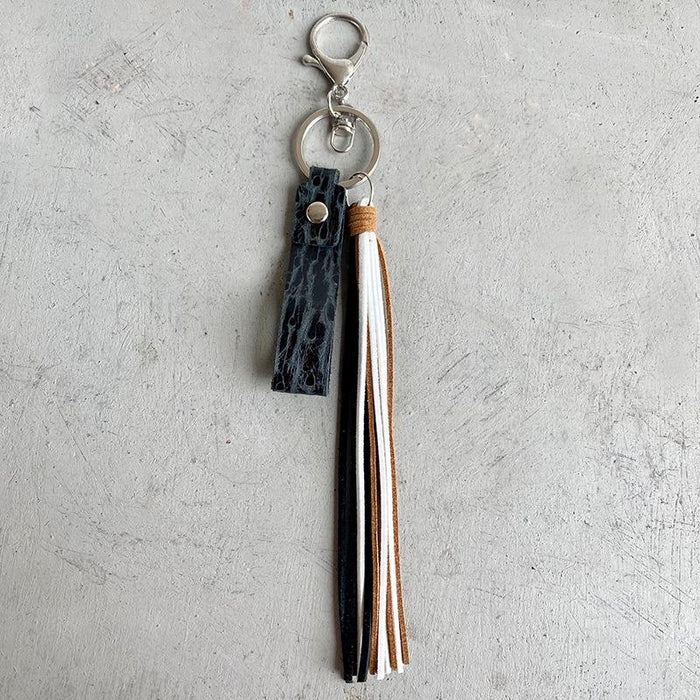 Vintage Embossed Leather Key Chain Tassel Handmade Pendant