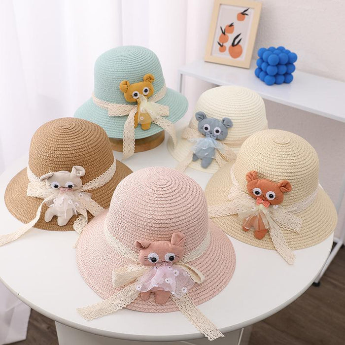 Summer Trendy Lace Cat Children's Grass Bucket Hat Bag Set