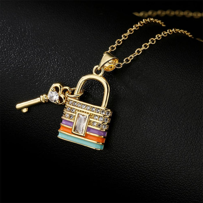Drip Oil Zircon Key Lock Pendant Gold Color Necklace