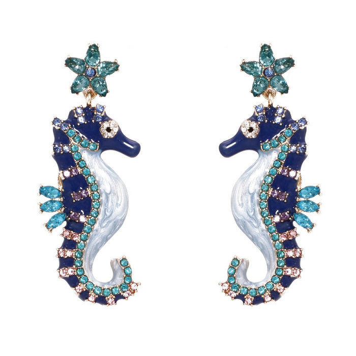 New style personality blue seahorse female Earrings accessories Inlaid Rhinestone