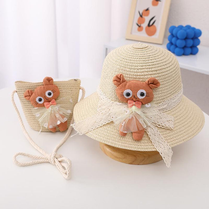 Summer Trendy Lace Cat Children's Grass Bucket Hat Bag Set