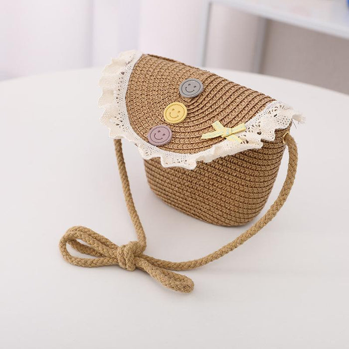 Trendy Three-color Button Children's Lace Straw Hat Bag Set