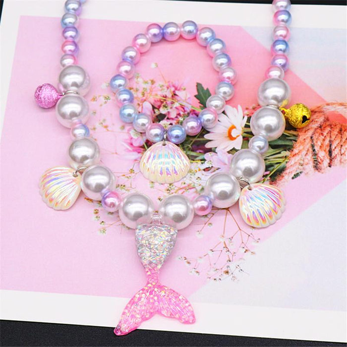 Children's Beauty Fishtail Pearl Necklace Bracelet Ring Earring Set