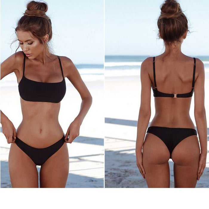 Pop Sexy Backless Split Suspender Solid Bikini Swimsuit