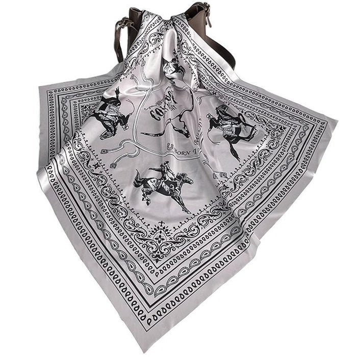 90cm COWBOY RIDING Silver Gray Paisley Print Large Square Scarf Sunscreen Scarf