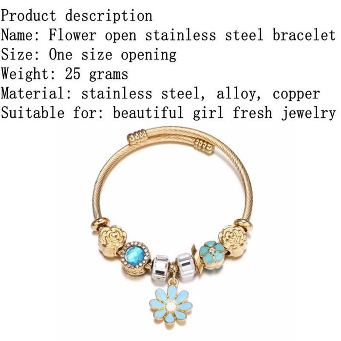 Open Stainless Steel Titanium Bracelet Flower Sunflower Pendant