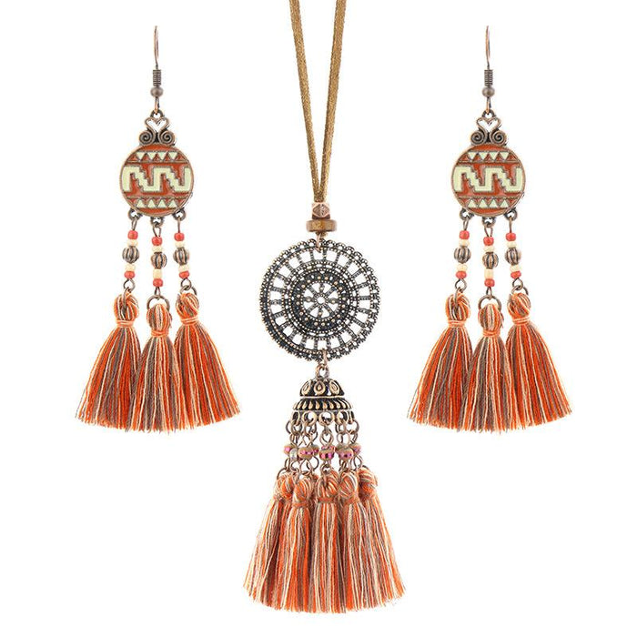 Bohemian Ethnic Style Colorful Handmade Tassel Earrings Necklace Set