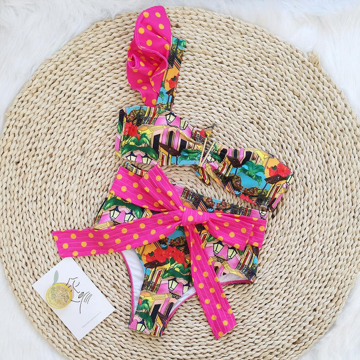 New Ruffle Lace Up High Waist Split Bikini