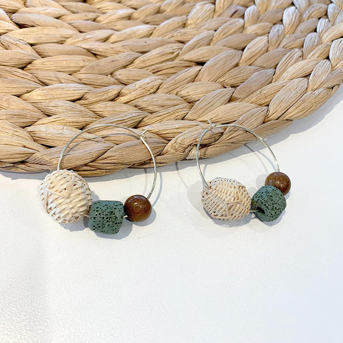 Contrast colour Retro Wood Bead Stone Rattan Earrings
