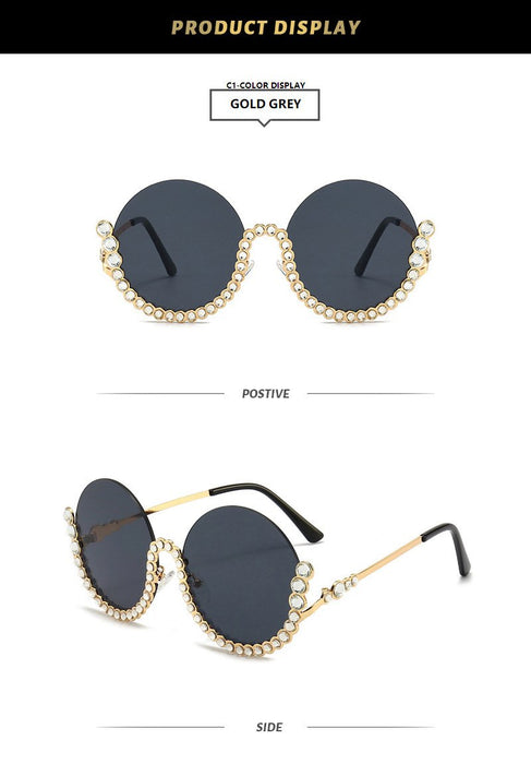 Round half frame metal Rhinestone Sunglasses