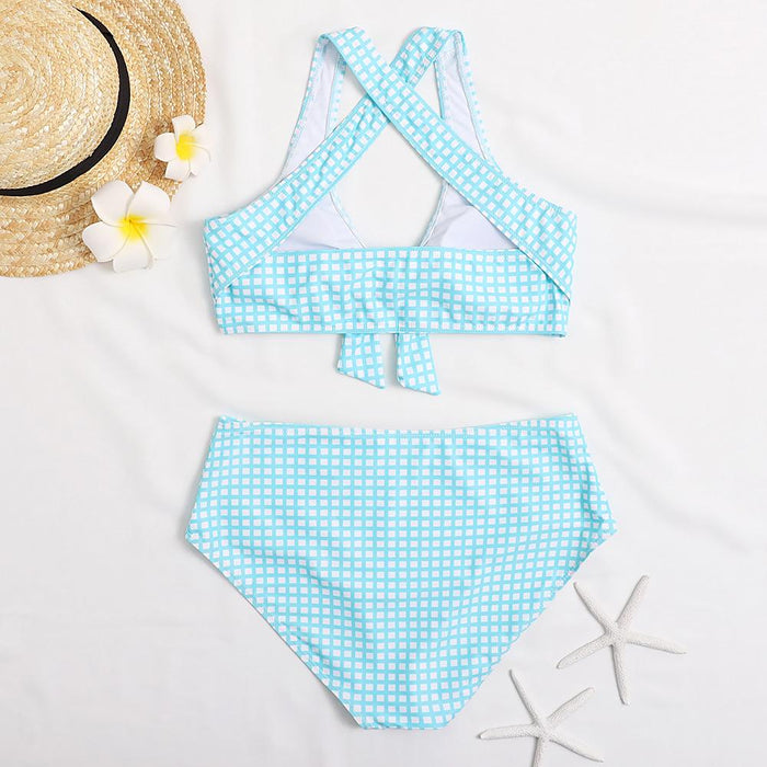 New Black and White Check Printed Split High Waist Bikini