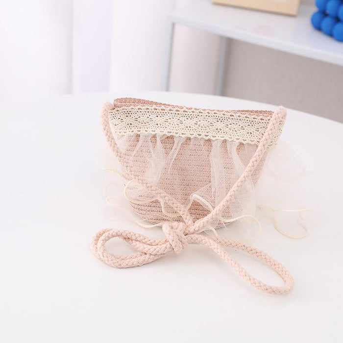 Summer Children's Lace Bow Grass Bucket Hat Bag Set