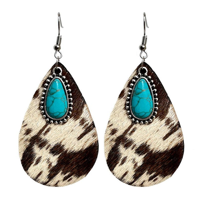 Western Animal Pattern Cowhide Earrings Water Drop Earrings