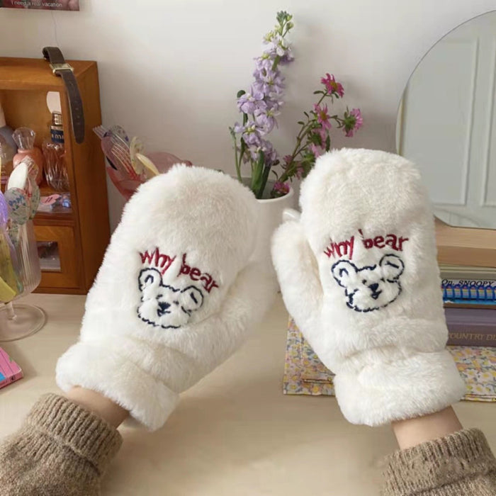 Bear Embroidery Soft Plush Gloves Women Winter Warm