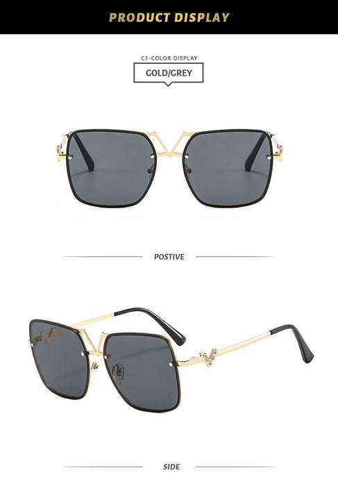 Square metal sunglasses V-shaped diamond inlay