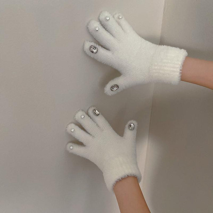 Rhinestone Pearl Warm Thickened Five Finger Gloves