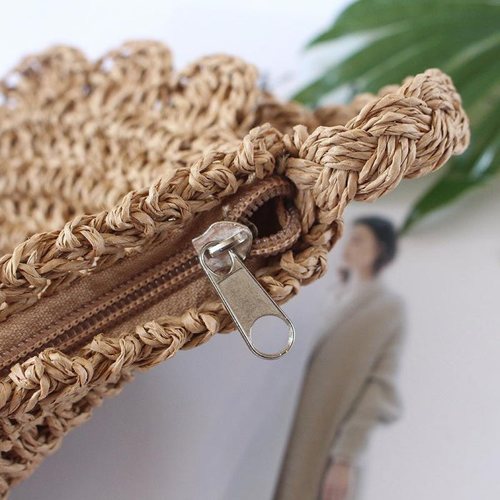 Summer Straw Solid Color Oval Zipper Crossbody Bag