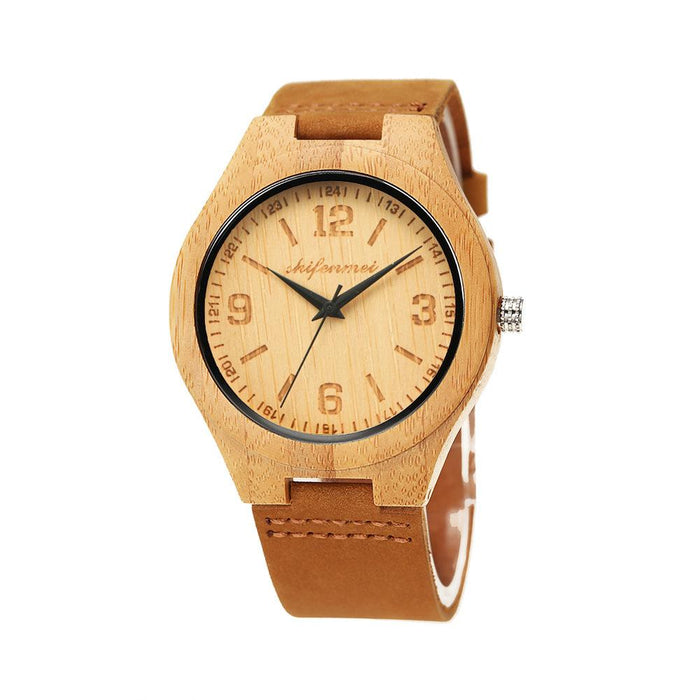 Men's Fashion Simple Bamboo Wood Watch Classic Leather Strap Quartz Watch