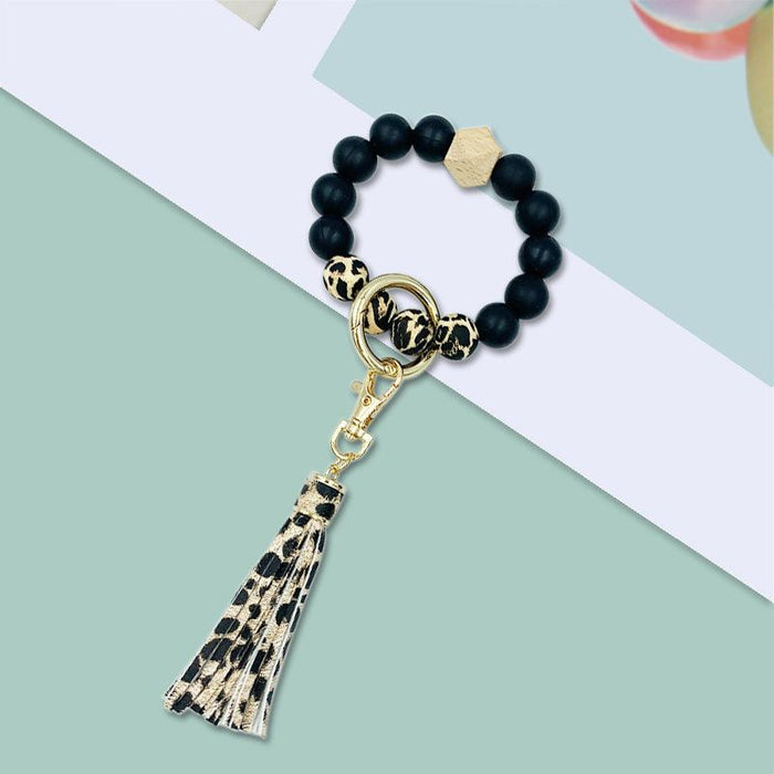 PU Leather Tassel Silicone Bead Bracelet Keychain