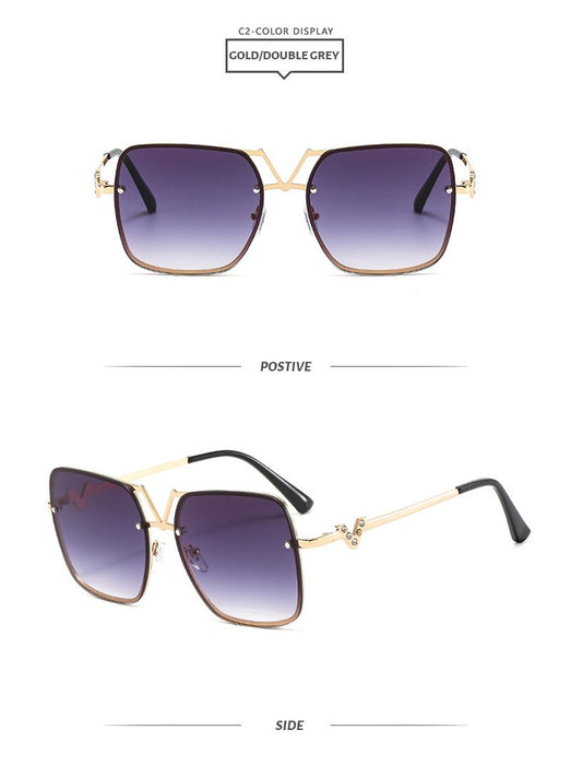 Square metal sunglasses V-shaped diamond inlay