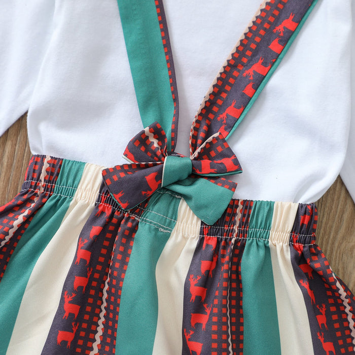 White letter deer long sleeved Khaki creeper striped suspender skirt