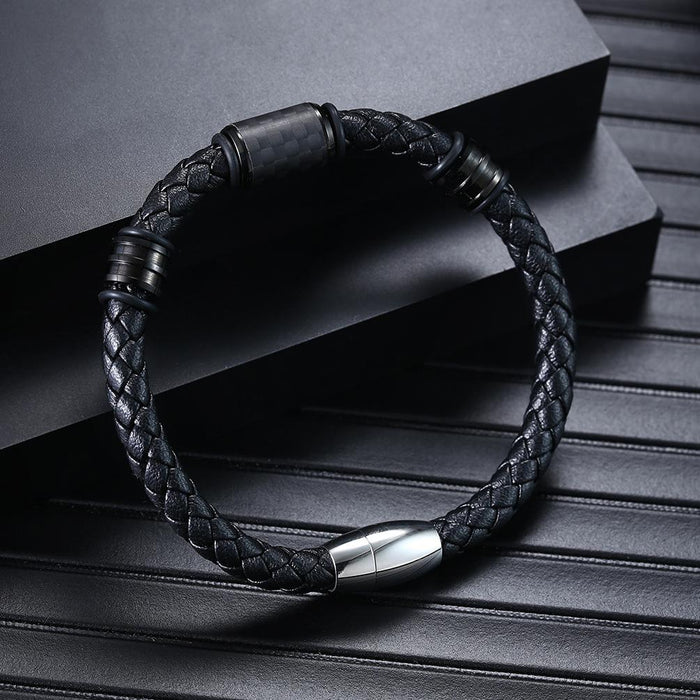 Solid Carbon Fiber Leather Titanium Steel Bracelet Jewelry