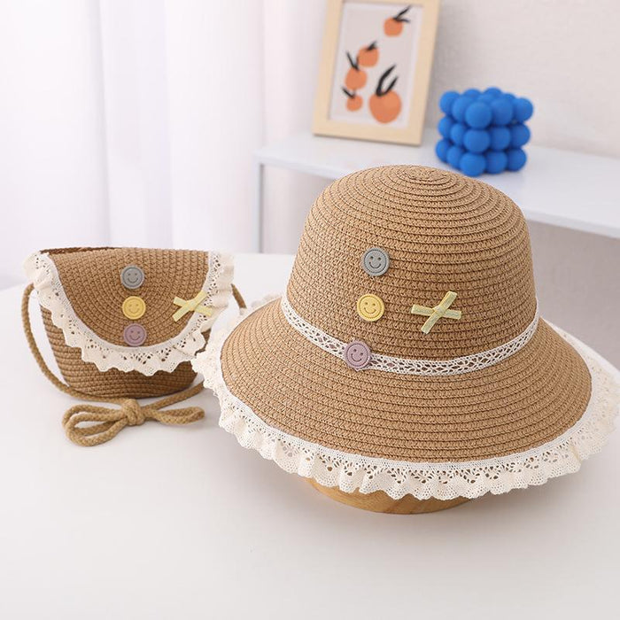 Trendy Three-color Button Children's Lace Straw Hat Bag Set
