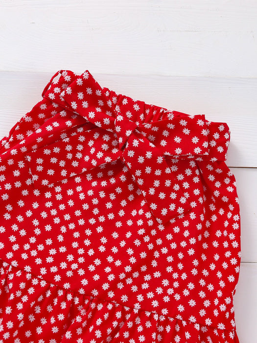 Solid color suspender Jacket Red Floral Lace Skirt A-line skirt two-piece set