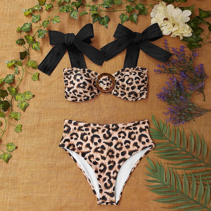 New Suspender Leopard High Waist Open Back Bra Split Bikini
