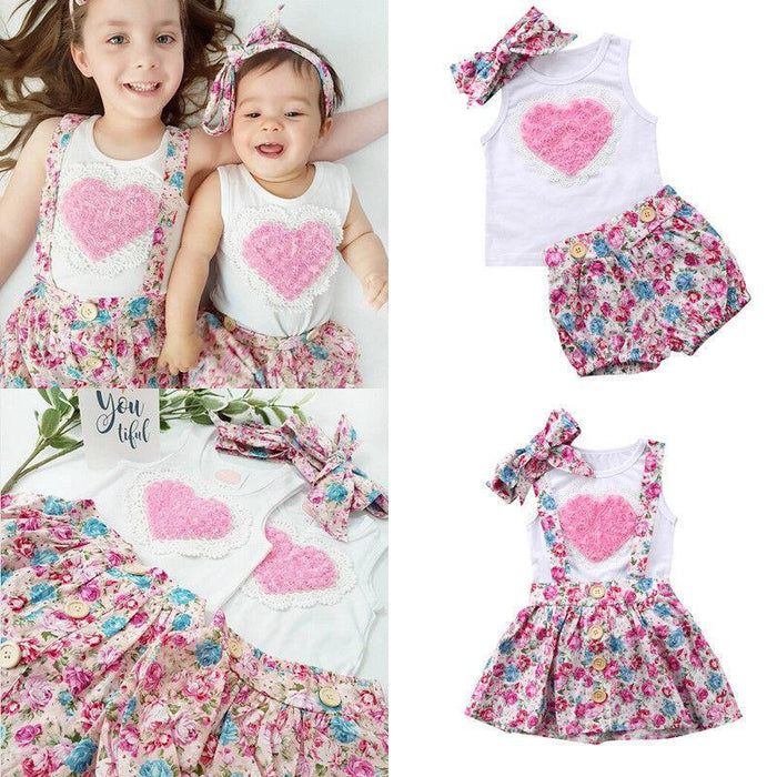 Love floral splicing Vest + floral suspender skirt + 3-piece set of hair accessories