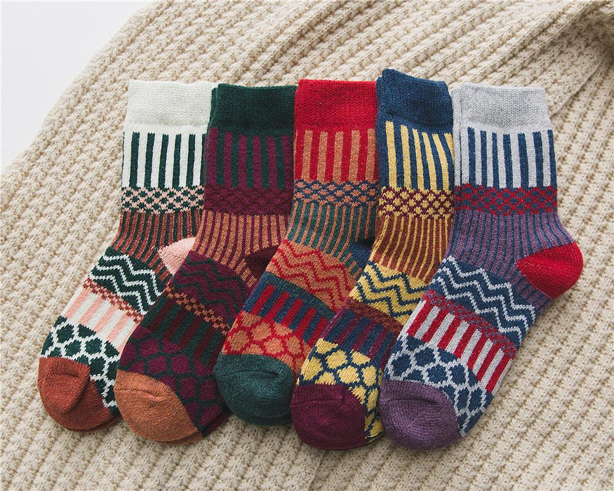 5 Pairs Winter Thick Warm Wool Women Cross Flower Socks