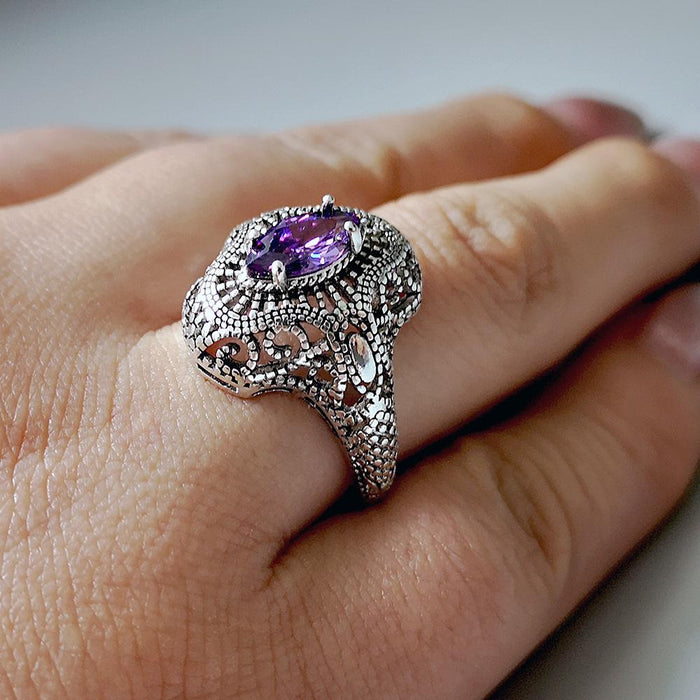Fashion Vintage Hollow Out 925 Silver Amethyst Ring