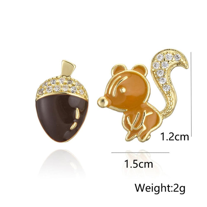 Personalized Oil Drop Gold Color Squirrel Zircon Animal Stud Earrings