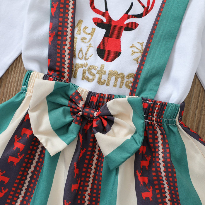 White letter deer long sleeved Khaki creeper striped suspender skirt