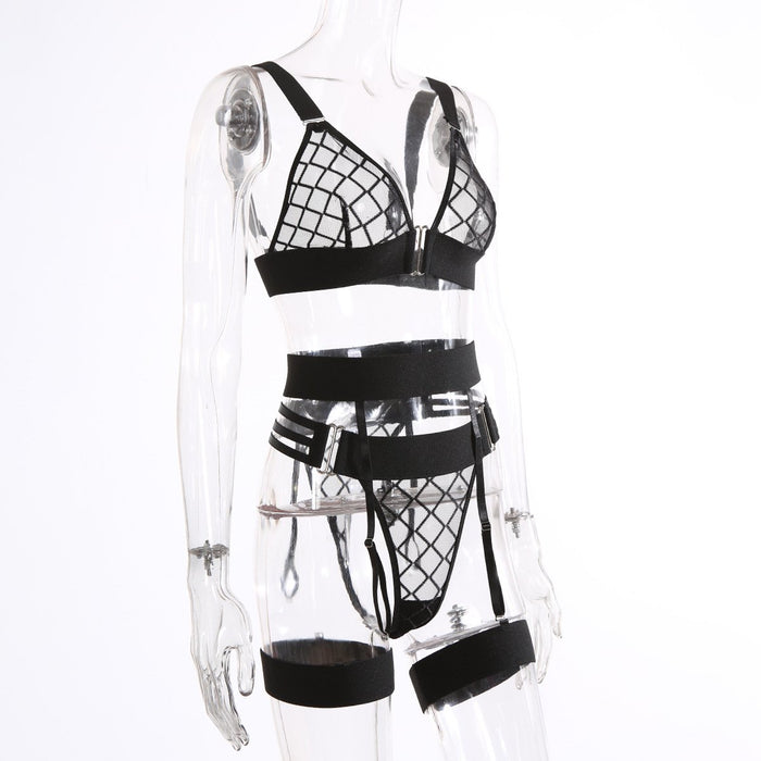 Sexy Women Lingerie Fashion Plaid Mesh Underwear Set