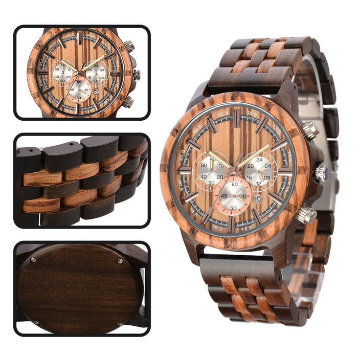 New Men's Multifunctional Business Luminous Large Dial Wood Quartz Watch