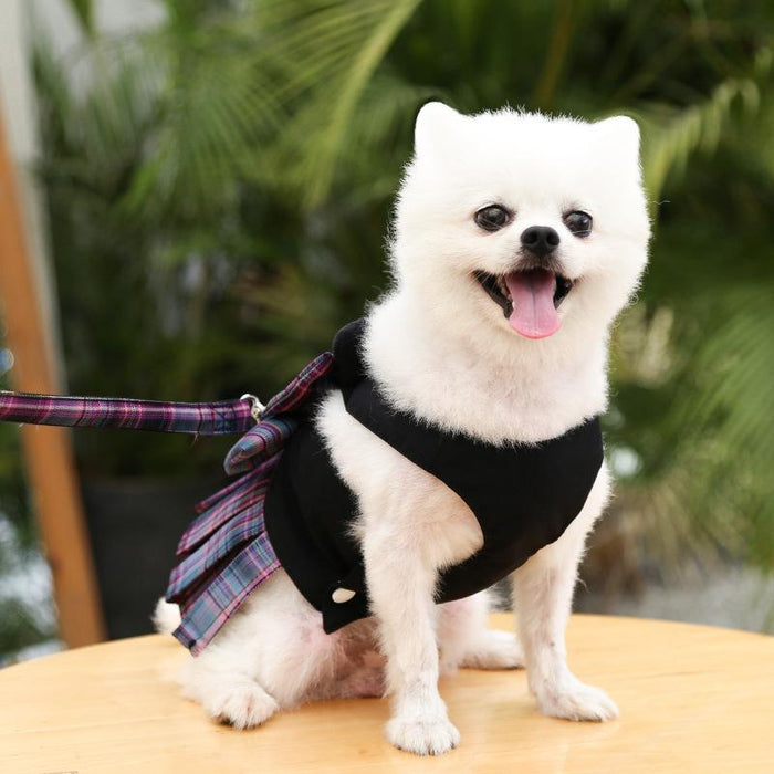 College Plaid Dog Dresses Harness Leash Suit Pet Clothes