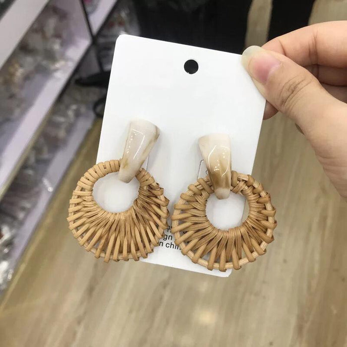 Vintage Resin Circular Hollow Bamboo Rattan Woven Earrings