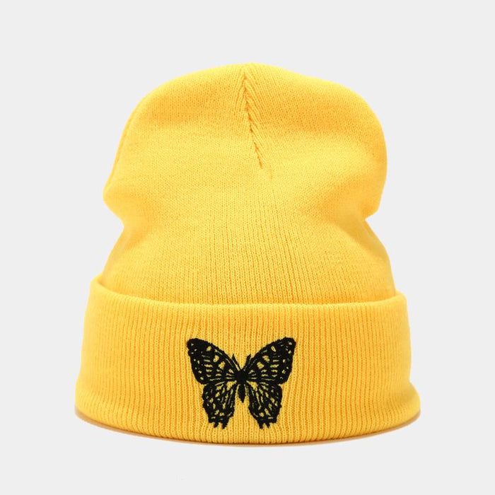 Knitted Beanies Hat Butterfly Embroidery Winter Warm Ski Hats