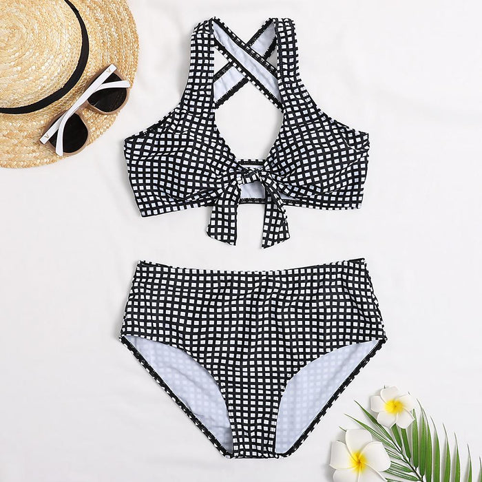 New Black and White Check Printed Split High Waist Bikini