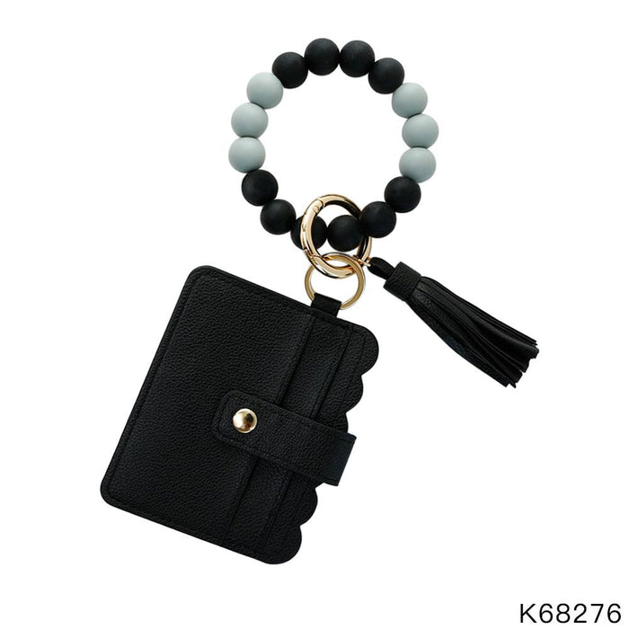 Tassel PU Leather Card Holder Silicone Bead Bracelet Keychain