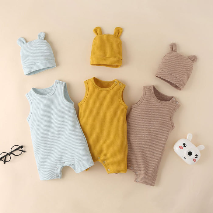 Baby one piece sleeveless creeper suit solid color waffle hat hatchback two piece set