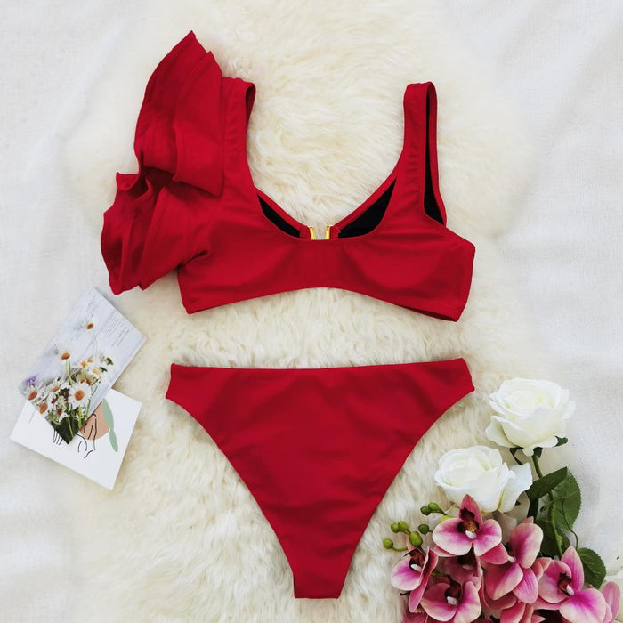 Pure Red Single Shoulder Double Ruffle Split Bikini