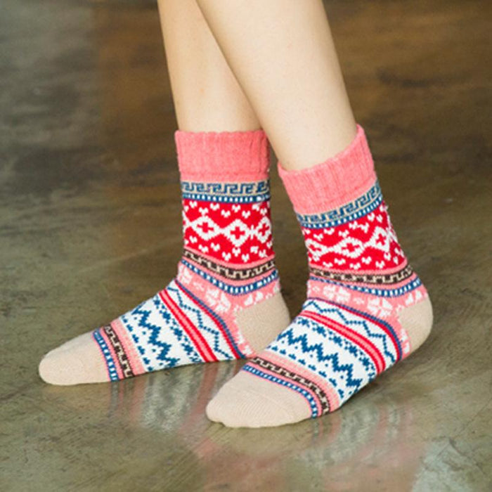 5 Pairs Winter Thick Warm Wool Women Cross Flower Socks