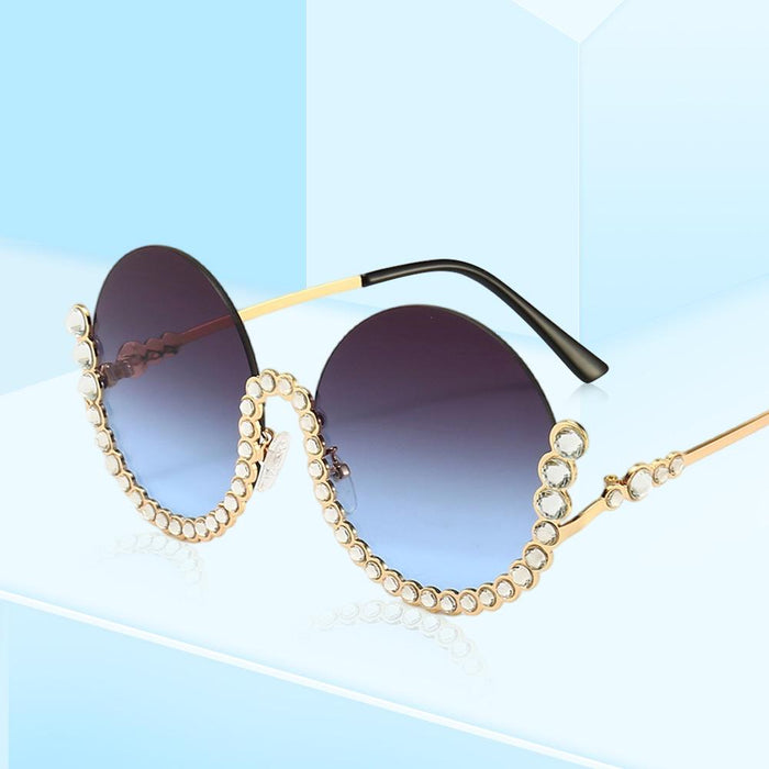 Round half frame metal Rhinestone Sunglasses