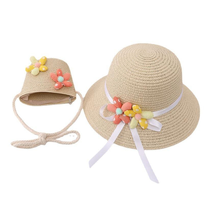 Summer Trendy Flower Streamer Children's Straw Hat Bag Set