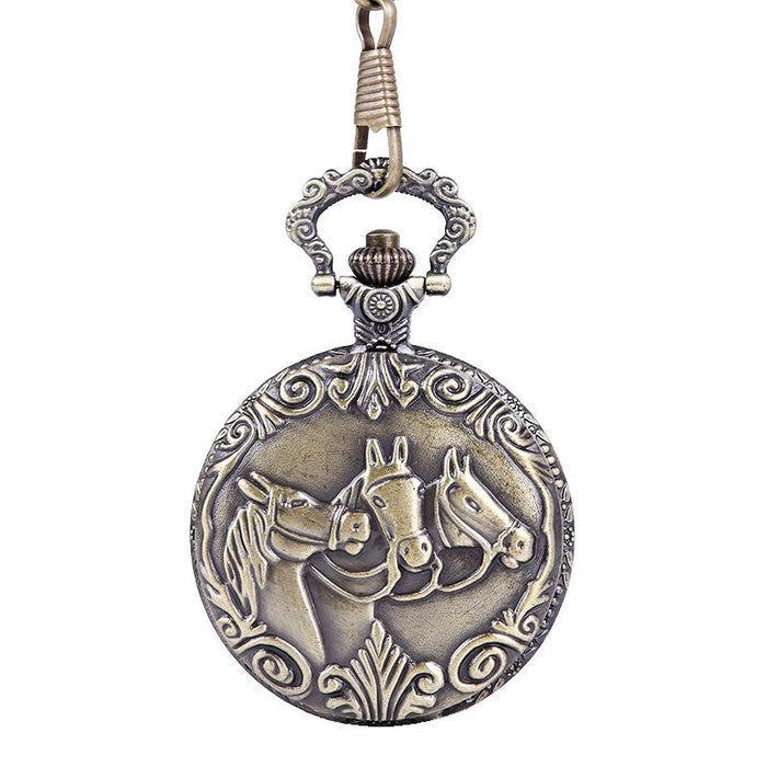 Vintage Large Thick Chain Three Horses Bronze Pocket Watch Ll3725
