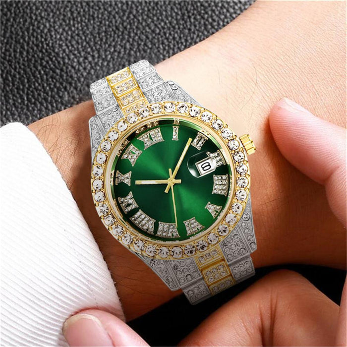 Stainless Steel Watch Big Rhinestone Men's Roman Scale Calendar Hip-hop Watches