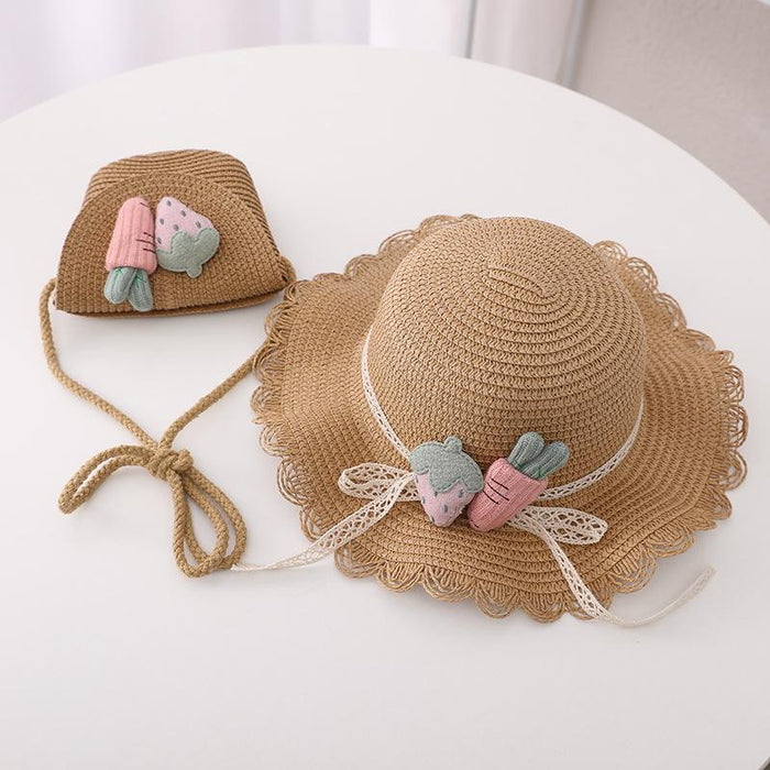 Cute Strawberry Radish Children's Wavy Straw Hat Bag Set